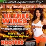 10 Free Wings at Hooters Today